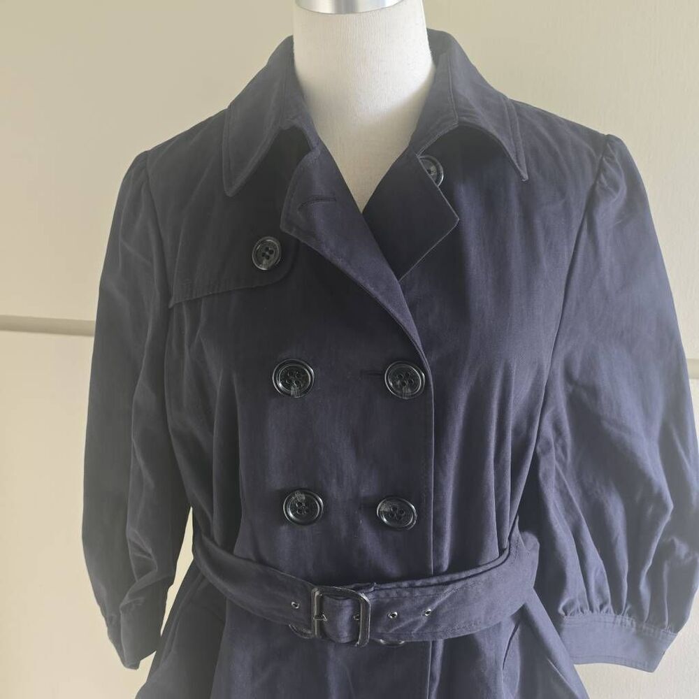 BCBG MAX AZRIA  NAVY "ALEXANDRA" Trench Coat, 3/4 SLEEVE, Swing Back, NWT, L - Picture 4 of 12